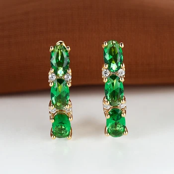 Single Row Oval Green Stone Hoop Earrings For Women Gold Color Metal Vintage Small Ear Buckle Bridal Wedding Birthday Jewelry
