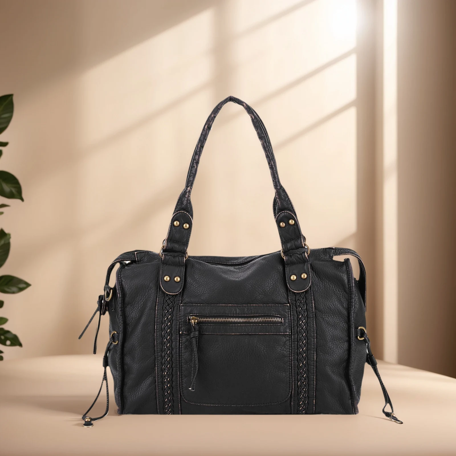 Women Girls PU Leather Y2K Top Handle Bag with Zipper Studded Crossbody Bags Adjustable Strap for Travel Shopping Work Daily Use