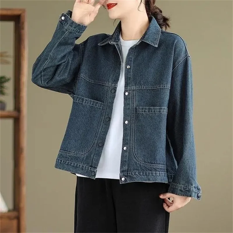 2025 New Autumn Women Denim Jacket Retro Long Sleeve Jeans Jacket Female Loose Casual Denim Coat Outwear Overwear 1
