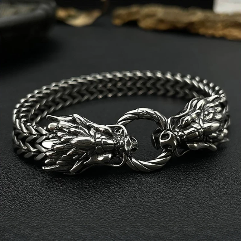 CHUANGCHENG Dragon Bracelet Viking Silver Stainless Steel Woven Mesh Chain Cuff Bracelet for Men's Fashion Punk Jewelry