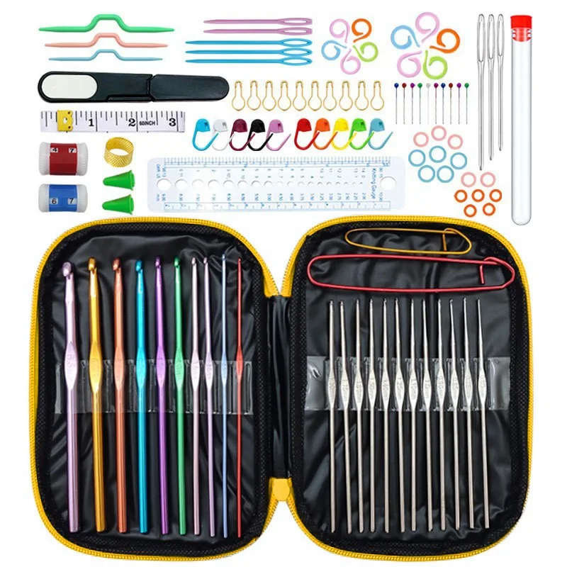 Leather Case Multiple Sizes Aluminum Crochet Kit Suit Stainless Steel Weave Needles 100 Piece Set crochet needles crochet kit