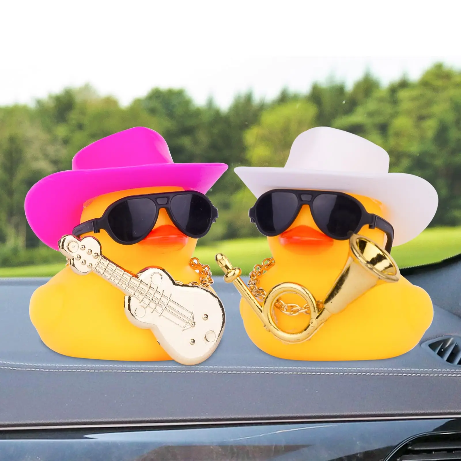 Car Rubber Duck Ornaments Yellow Duck Car Dashboard Decorations with Musical Instruments Mini Top Hat Guitar Sunglasses Necklace 6