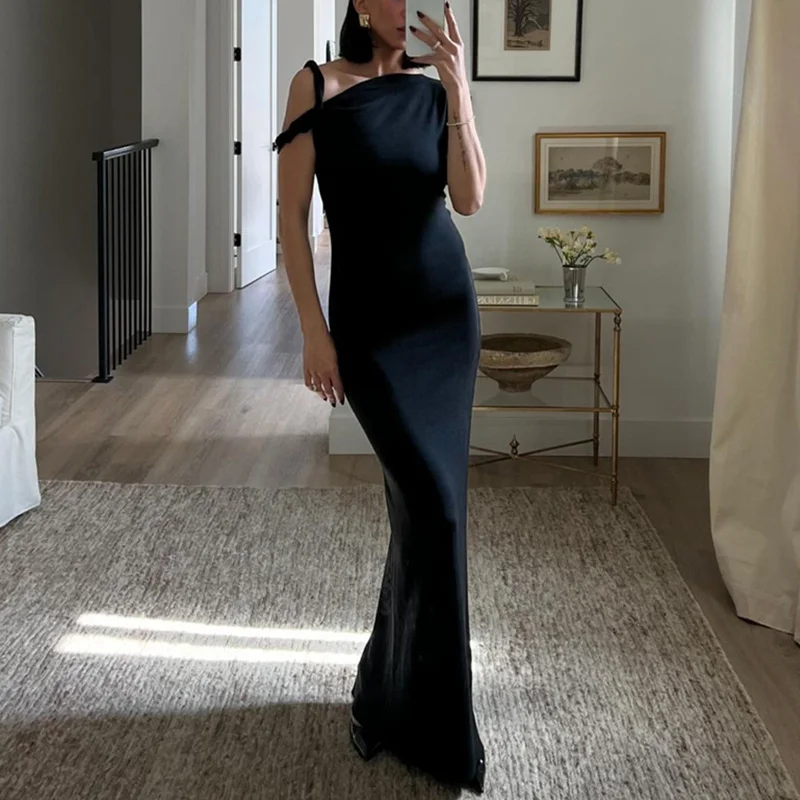 Vestidos sexis de verano para mujer, de color liso, irregulares, con cuello oblicuo, manga corta, ajustados, largos, para fiesta de noche Y2K.