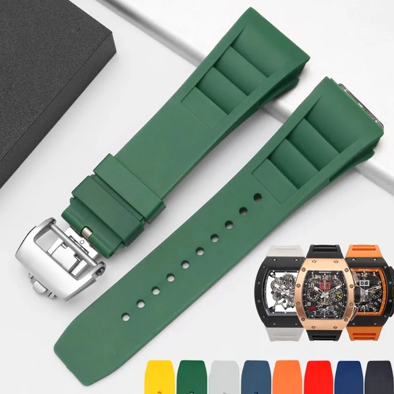 25mm-20mm Watchbands For Richard Mille Rm011 Convex Interface Replace Original Rubber Silicone Fold Buckle Watch Strap Bracelet