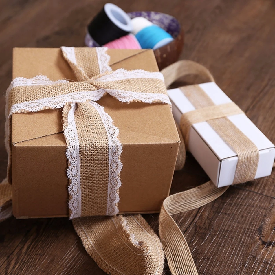 2M/Roll Natural Vintage Jute Burlap Lace Ribbon Crafts DIY Sewing Jute Fabric Gift Wrap Wedding Party Christmas Home Decoration