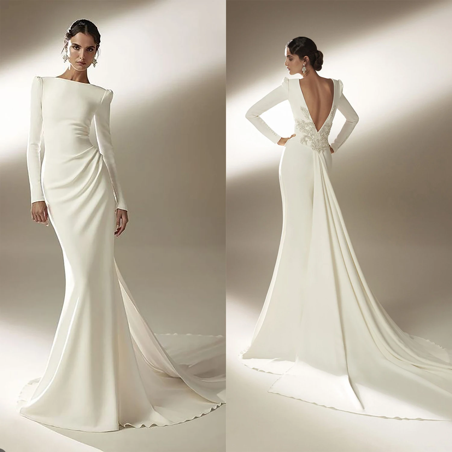 

Женское свадебное платье-русалка, классическое платье с длинным рукавом, открытой спиной и аппликацией, свадебное платье со шлейфом и юбкой-годе