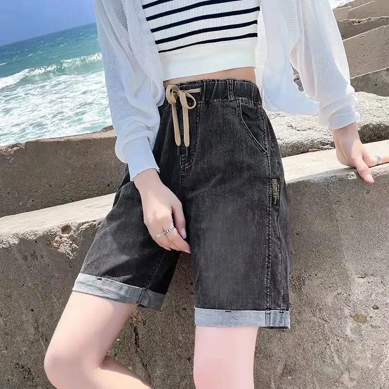 Plus Size Denim Women's Shorts 2024 Summer New Solid Thin Elastic Waist Curled Loose Casual Straight Leg Pants Ropa De Mujer