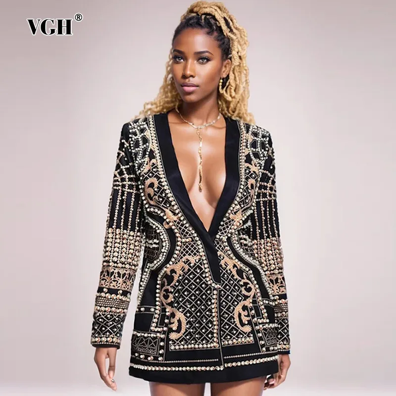 

VGH Hit Color Printing Patchwork Pearls Blazers For Women Notched Collar Long Sleeve Loose Casual Blazer Female Fahion Style New
