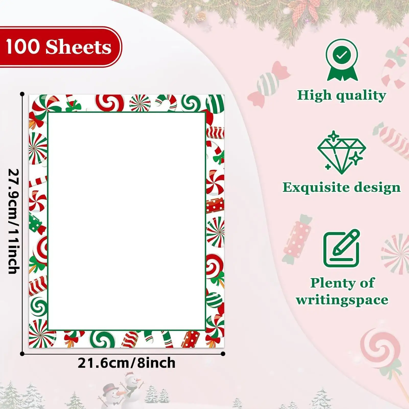 크리스마스 편지지 50장 축제 테두리 디자인 시트 휴일 프린터 용지 편지 메모 작성용 웨딩용
