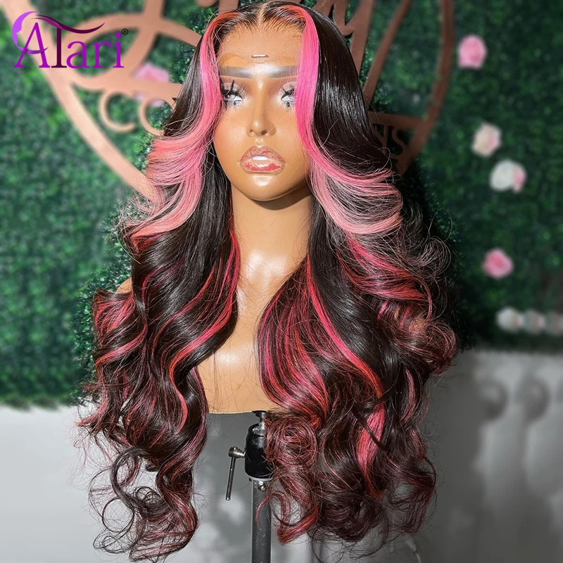 13x6 Transparent Pink with Black Highlights Human Hair Wigs 13x4 Lace Frontal Body Wave Wig Pre Plucked 5x5 Closure Lace Wig