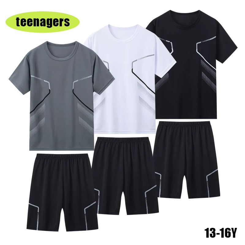 2-teiliges Sommer-Jugendset für 13-16-Jährige, mehrfarbig, schnelltrocknend, Sport-Kurzarm-Shorts-Set, bedrucktes T-Shirt für junge Männer und Frauen