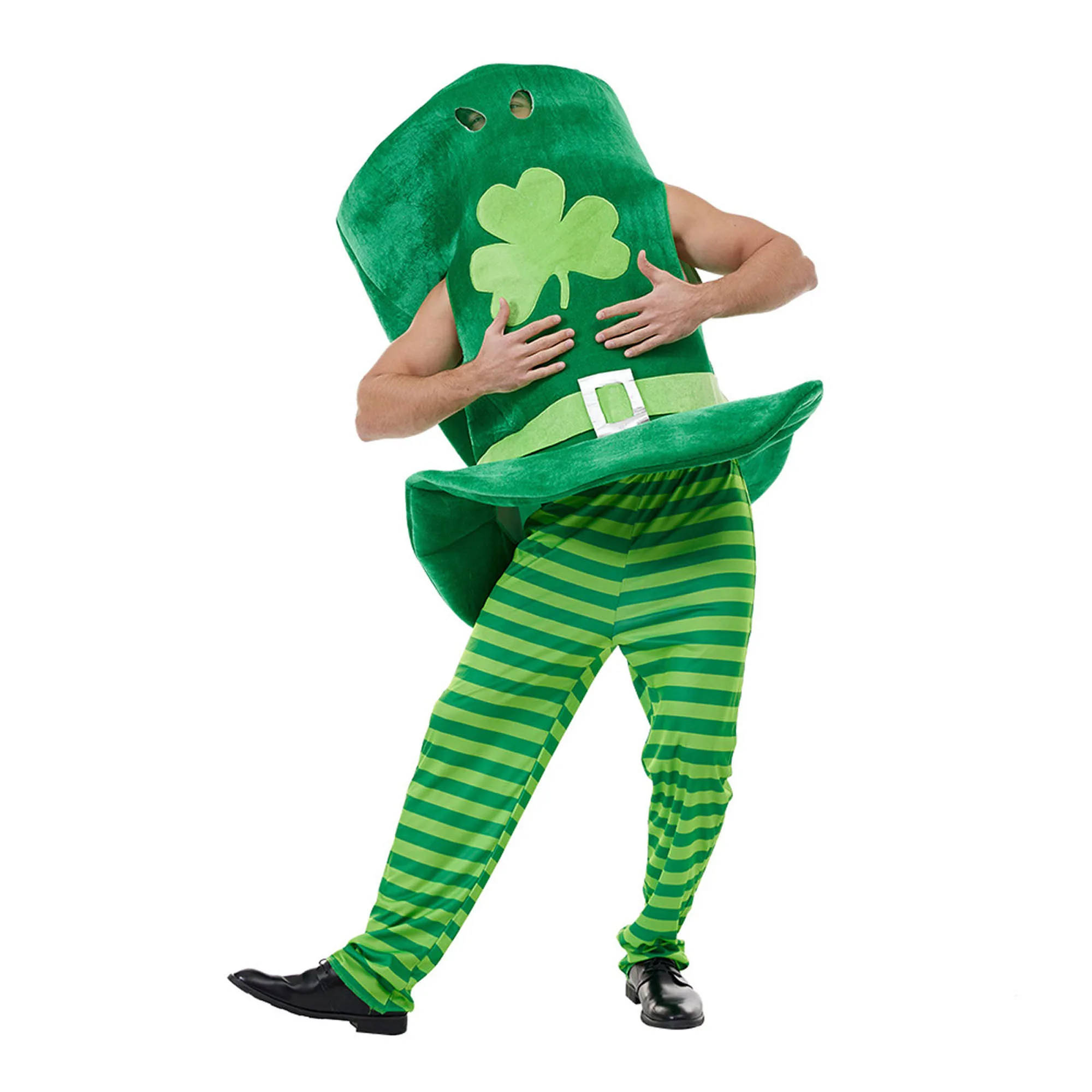 Green St Patrick s Day Costume Set with Leprechaun Hat Sleeveless Top and Striped Print Pants for Cosplay