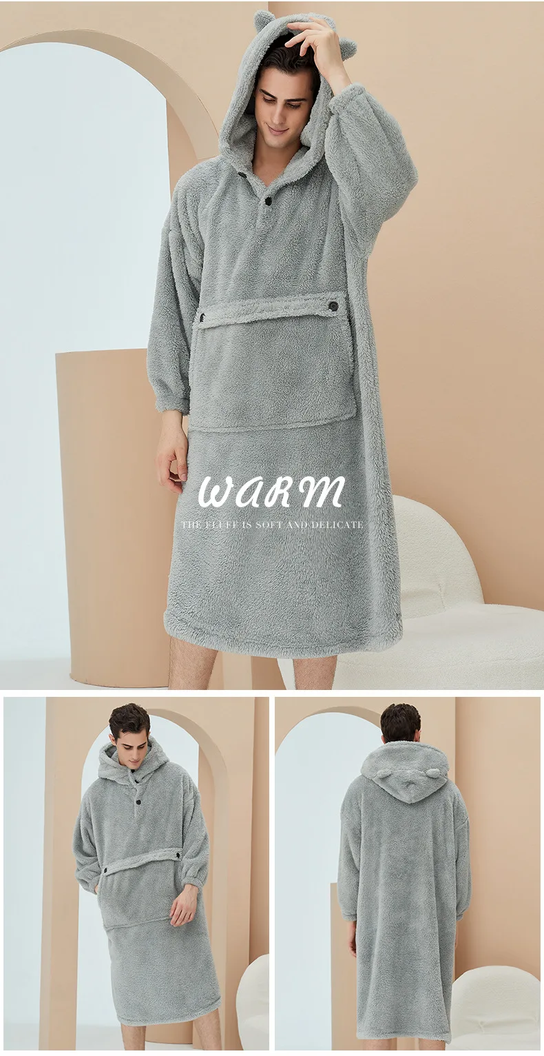 Unisex Robes Men Winter Dressing Gown Winter Warm Fleece Robe Pullover Hooded Women Winter Dressing Gown Robes Soft Bathrobe red pajama pants