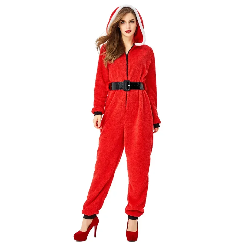 

Xmas Christmas Santa Claus Costume Cosplay for Women Adult Hooded Jumpsuit Onesies Fleece