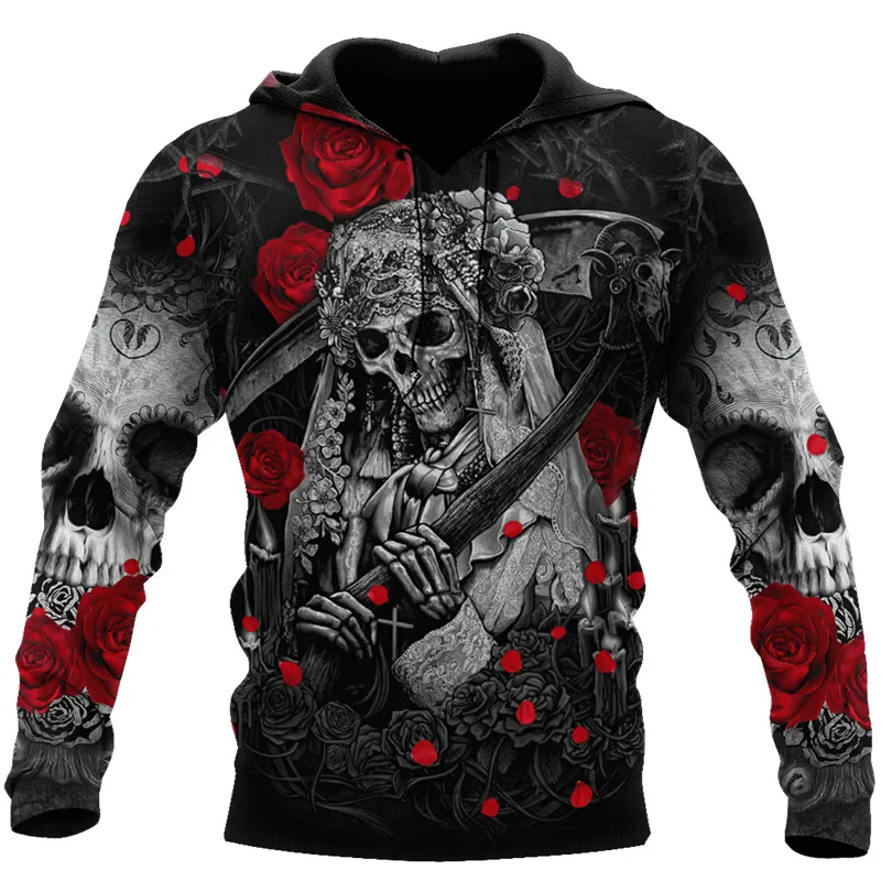 

New Men's Fashion Hoodie Bridal Skull and Roses 3D Full Print Autumn Unisex Zip Hoodie Casual Sweatshirt Pullover