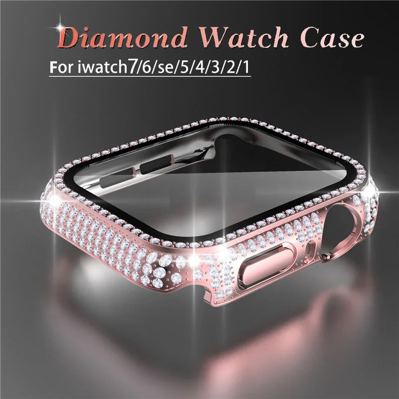 Vetro + Cover Per Apple Watch Case 40Mm 44Mm 41Mm 45Mm Iwatch Accessori Diamond + Screen Protector Apple Watch Series 3 4 5 6 Se 7