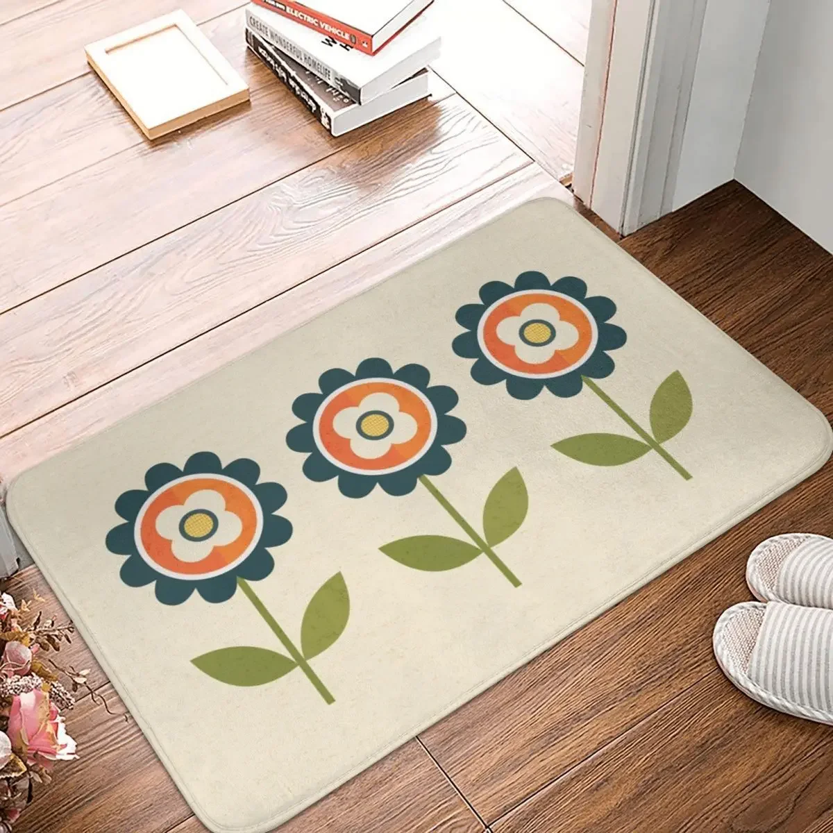

Retro Daisy - Orange And Cream Doormat Rug Carpet Mat Footpad Polyester Non-slip Washable Entrance Kitchen Bedroom Balcony