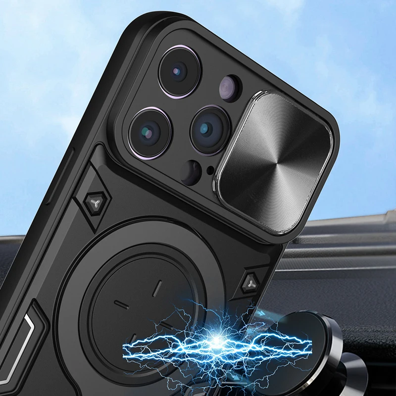 Slide Camera Shockproof Armor Case with Ring Holder and Magnetic Back Cover
