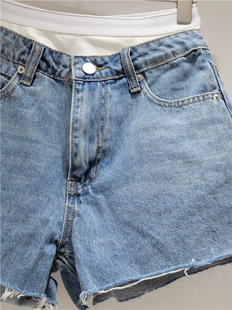 Frayed Fake Two Pieces Leisure High Waist Super Short Shorts for Women 2024 Summer New Color Contrast Patchwork Denim Hot Pants