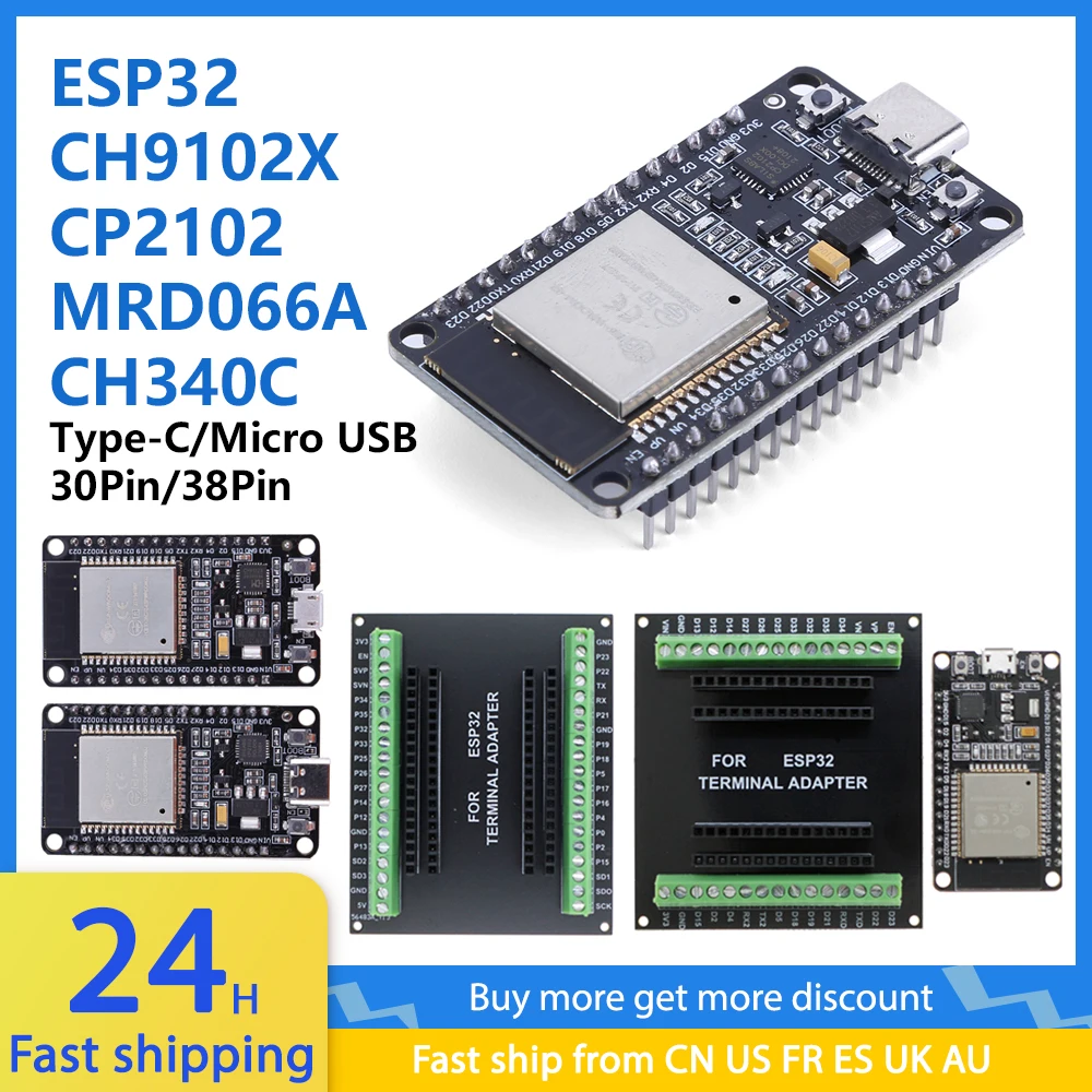 ESP-WROOM-32 모듈 WiFi BT 듀얼 코어 CPU 개발 보드, 마이크로 USB C타입, 32Mbit, 802.11 b/g/n/ BLE 표준, CP2102, CH9102