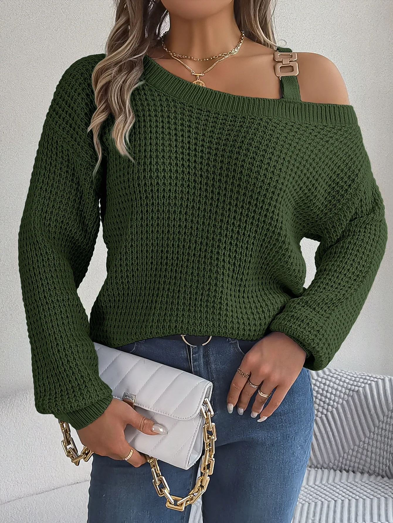 Women Autumn Winter Sweater Off Shoulder Lantern Neck Knit Pullover