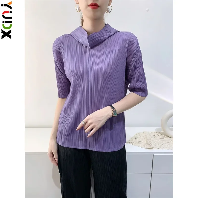 

Женский топ с капюшоном Miyake, модная футболка с коротким рукавом, удобная повседневная приталенная одежда, нишевой дизайн Sense, Новинка осени 2023