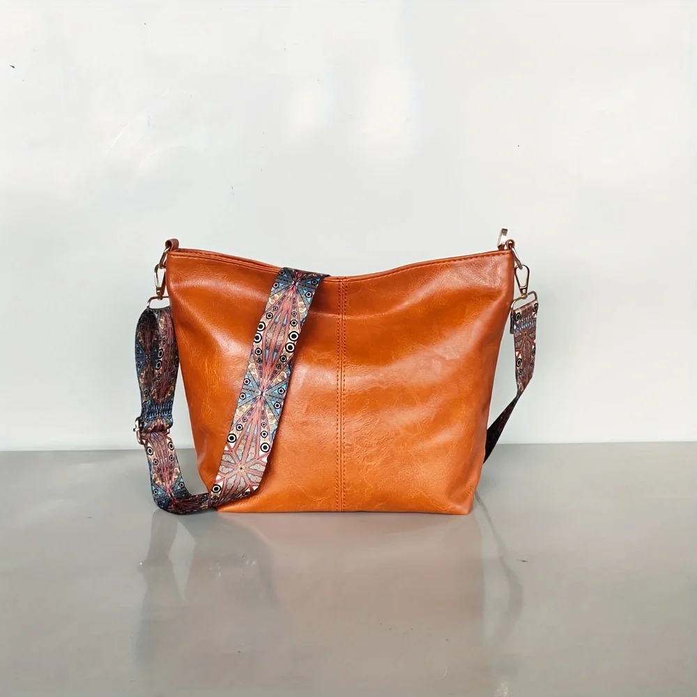 Modische Umhängetasche mit breitem Schultergurt, Retro-Umhängetasche für Damen aus PU-Leder, lässige Beuteltasche – Detail 15