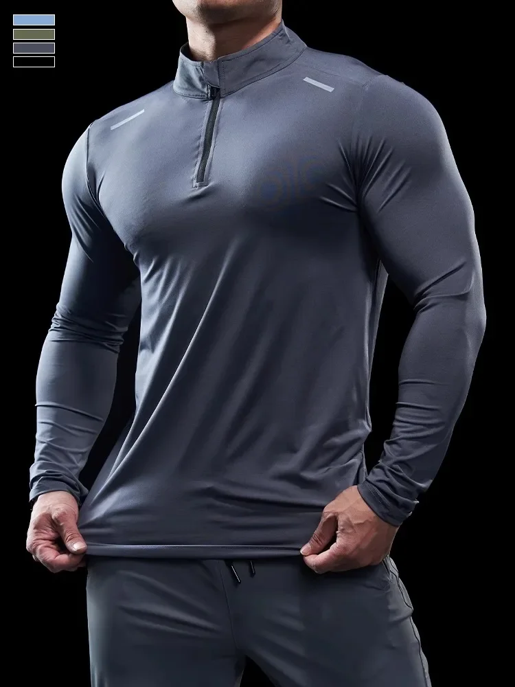 Men Stand Collar Zipper T-shirt Gym Running Training Fitness Bodybuilding Sport Top Quality Elastic Long Sleeve Tight Tops Tees 3