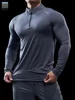 Men Stand Collar Zipper T-shirt Gym Running Training Fitness Bodybuilding Sport Top Quality Elastic Long Sleeve Tight Tops Tees 3