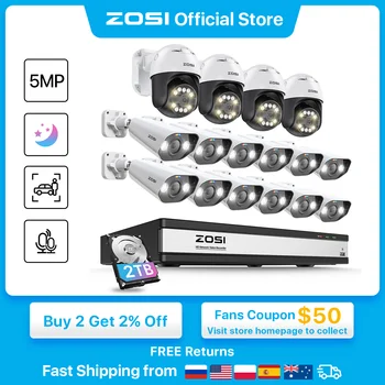 ZOSI PTZ PoE 보안 IP 카메라 시스템, 4K 8MP NVR 스마트 페이스, 사람 차량 감지 CCTV 비디오 감시 키트, 16CH 5MP