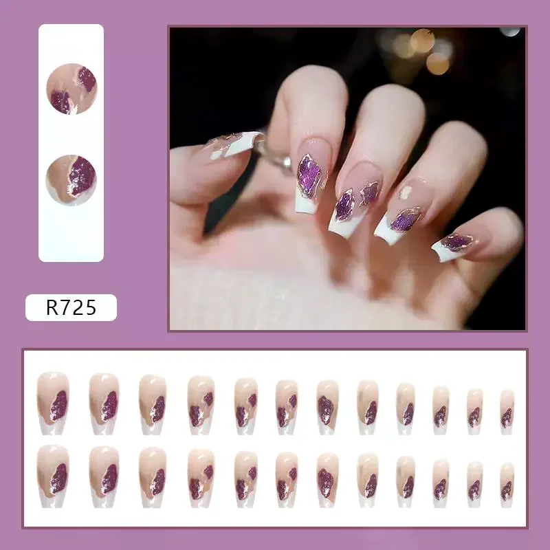 24Pcs Trendy Gradient Glitter Sequins False Nails Full Cover Detachable Self-Adhesive Fake Nail Tips Manicure Patch