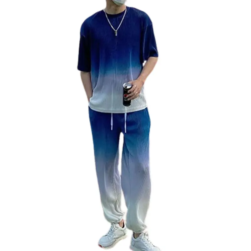 Elegant Fashion Harajuku Slim Fit Ropa Hombre Loose Casual Sport All Match Trousers Gradient Short Sleeve Tees Two Piece Set