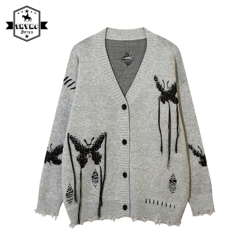 

Streetwear Retro Butterfly Distressed Hole Sweater Mens Harajuku Elasticity Knitted Cardigan Couple Casual Soft Trend Sweatshirt