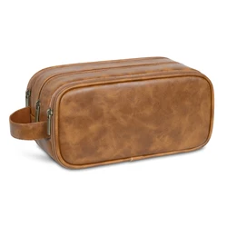 Men's Leather Water - Resistant Toiletry Bag with Handle - Versatile Custom Logo Dopp Kit - 25x11.5x13cm (LightBrown)