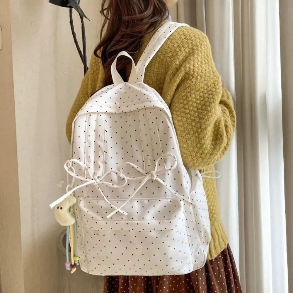 Zaino alla Moda con Pois, Grande Capacità, Design con Fiocco, Minimalista, Resistente, Leggero, Borsa Scolastica per Studenti, Uso Quotidiano - immagine 4