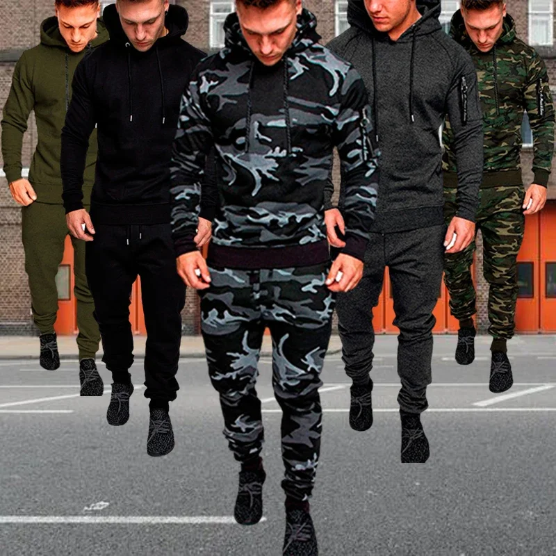 Mens 2 Piece Tracksuit Sweatsuit Jogging Casual Warm Breathable Wicking Fitness Running Sportswear Military Tactical Hoodie Pant