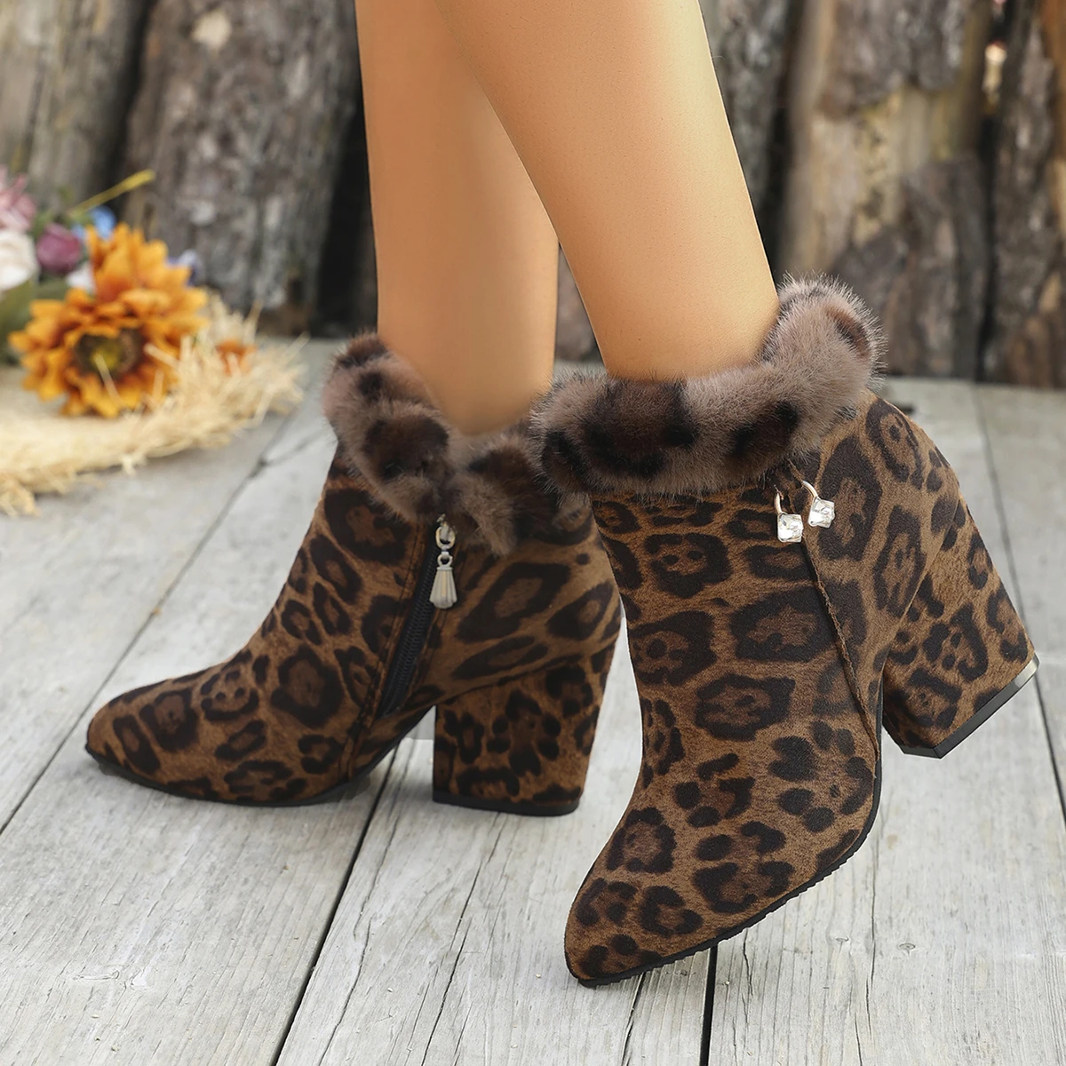 Aphixta 8cm High Heel Ankle Boot Yellow Leopard Print Furry Woman Modern Boot Brown Pointed Toe Zip Ladies Footwear Big Size43