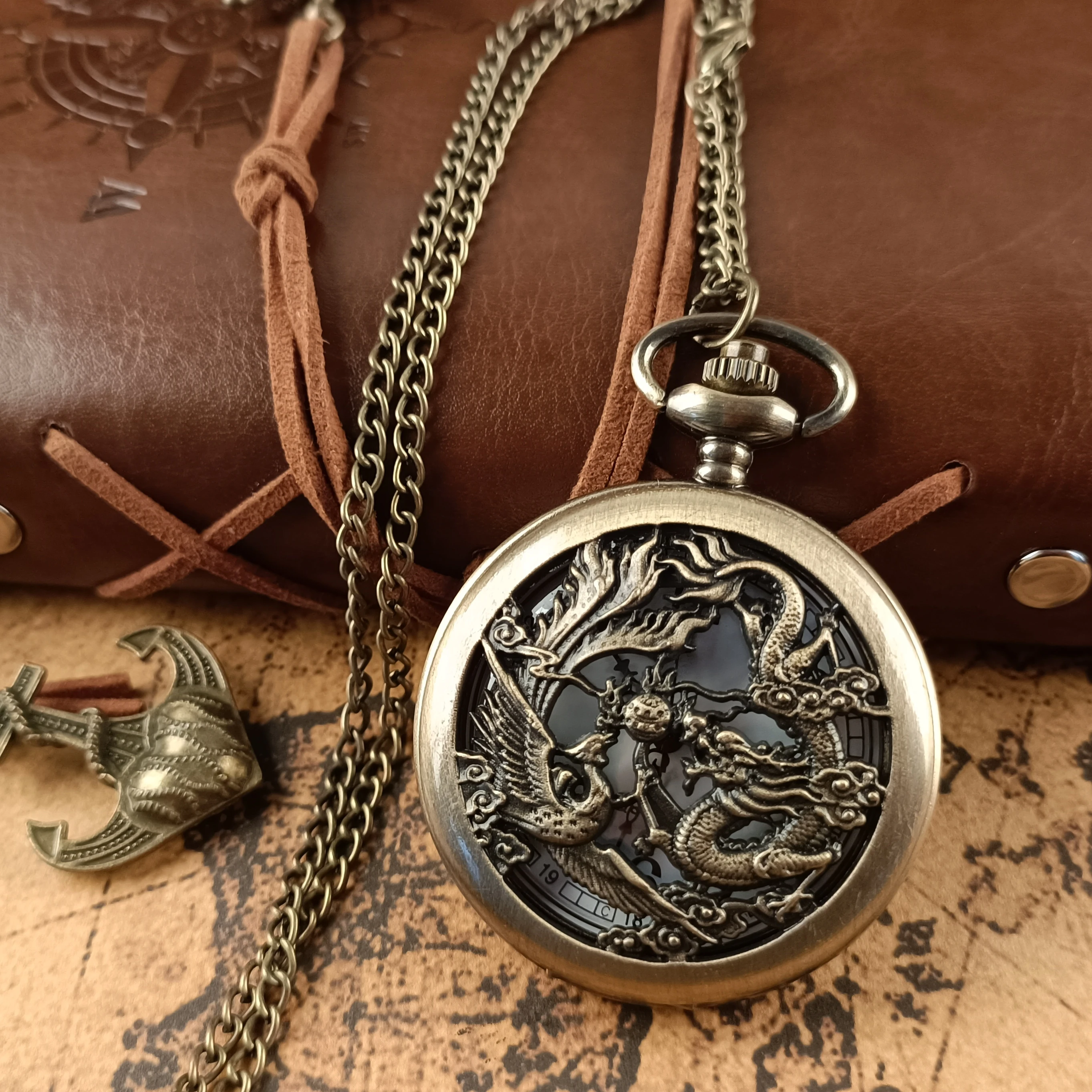 Retro Quartz Pocket Watch Dragon Play Ball Steampunk Skeleton Hand-wind Flip Clock Fob Watch With Chain Double Hunter Gift