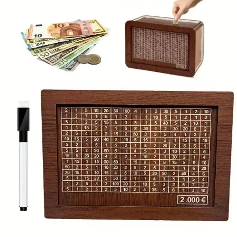1000/2000/3000/5000/10000 Euro Wooden Money Box - Reusable Piggy Bank with Savings Goal Tracker & Numbered Compartments 5