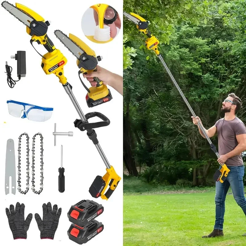 2 in 1 Brushless Electric Telescoping Pole Saw Mini Chainsaw Garden Woodworking Pruner Tree Trimming Extension Rod Saw W/Battery
