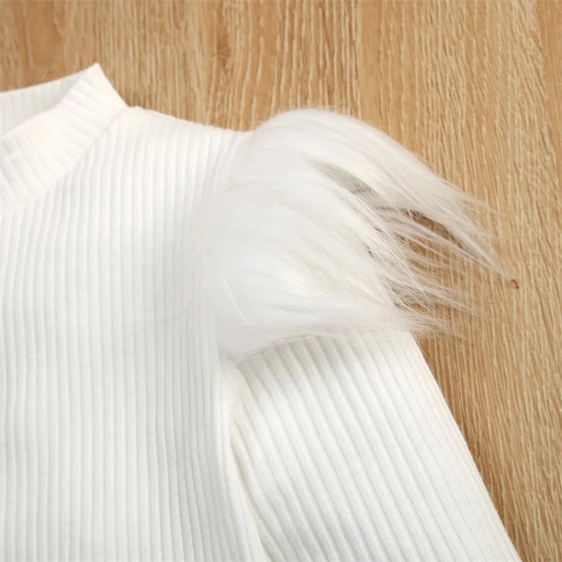 Kids Girls Autumn Clothes Set Baby Solid Color Feather Trim Long Sleeve Knit Tops + PU Leather Belted Skirt Children Outfit kids clothing set girls clothing set 1-6Y