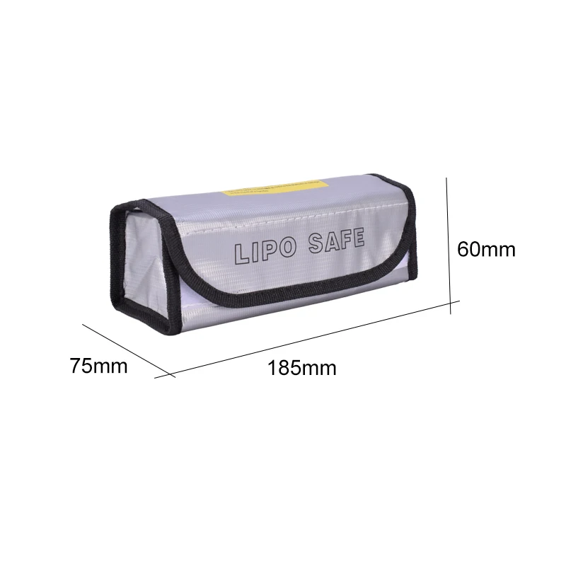 Sac antidéflagrant pour batterie drone, dimensions 185x75x60mm, posé sur une surface plane.