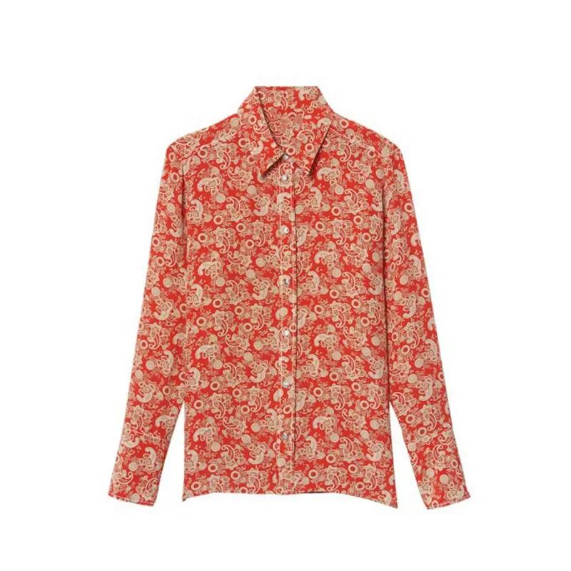 

Women Silk Blouse Turn-Down Collar Single Breasted 2024 New Spring Vintage Printed Shirt