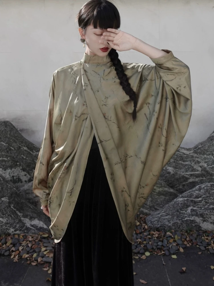 Топ женский с длинным рукавом и круглым вырезом, дизайнерская свободная Непринужденная рубашка в китайском ретро стиле, с принтом и окрашиванием, весна-лето Топ женский с длинным рукавом и круглым вырезом, дизайнерская свободная Непринужденная рубашка в китайском ретро стиле, с принтом и окрашиванием, весна-лето