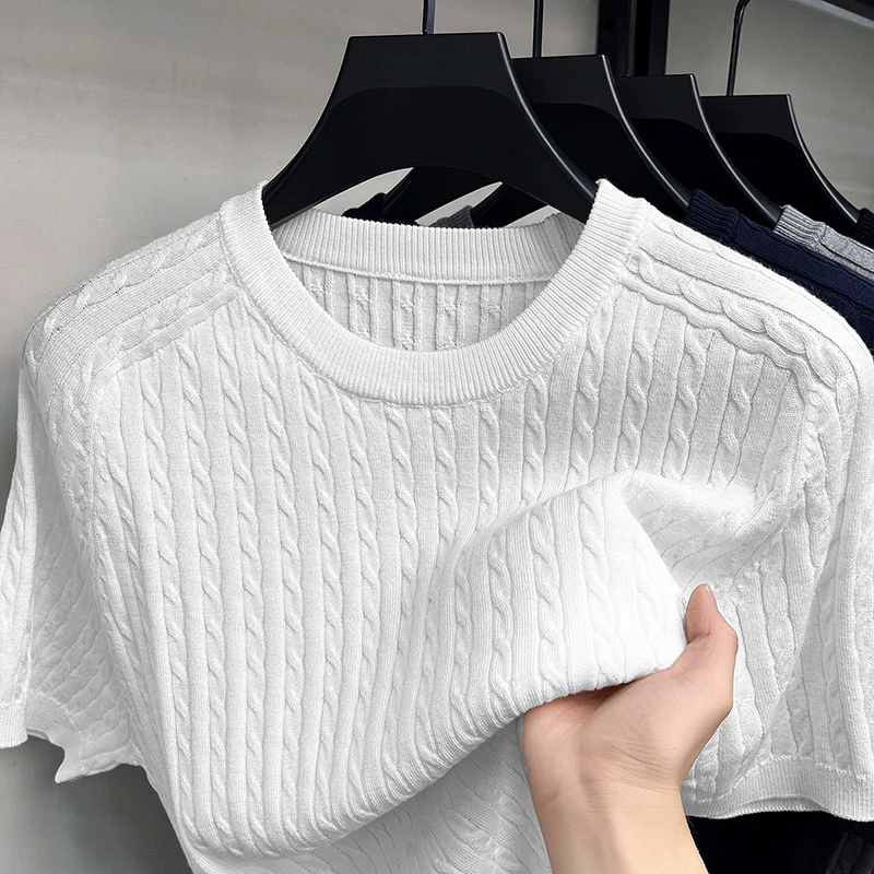 Designer-Marken-Kurzarm-Strick-T-Shirt Sommer einfarbig atmungsaktiv Herren koreanischer Jugendstil lässig weich bequem Rundhalsausschnitt