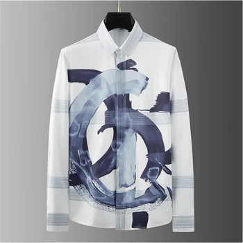 Luxury Letter Print Shirt Men's Long Sleeve Slim Fit Casual Shirt High Quality Fashion Korean Extra Large Size Men's Clothing