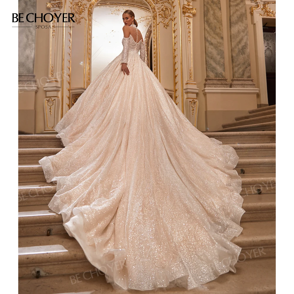 Wedding Dress Pearls Sweetheart Crystal Long Sleeve Shiny Bride Gowns 2023 Court Train Princess BECHOYER AS140 Vestido de Noiva