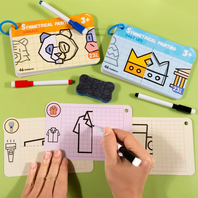 46 Pattern Dry Erase Graffiti Cards, Cartoon Grids Symmetrical Axis Painting Puzzle Educational Toys, Left and Right Brain Linkage Development, Student Teaching Auxiliary Pen Control Exercise Book, Suitable for Holiday Gifts 1