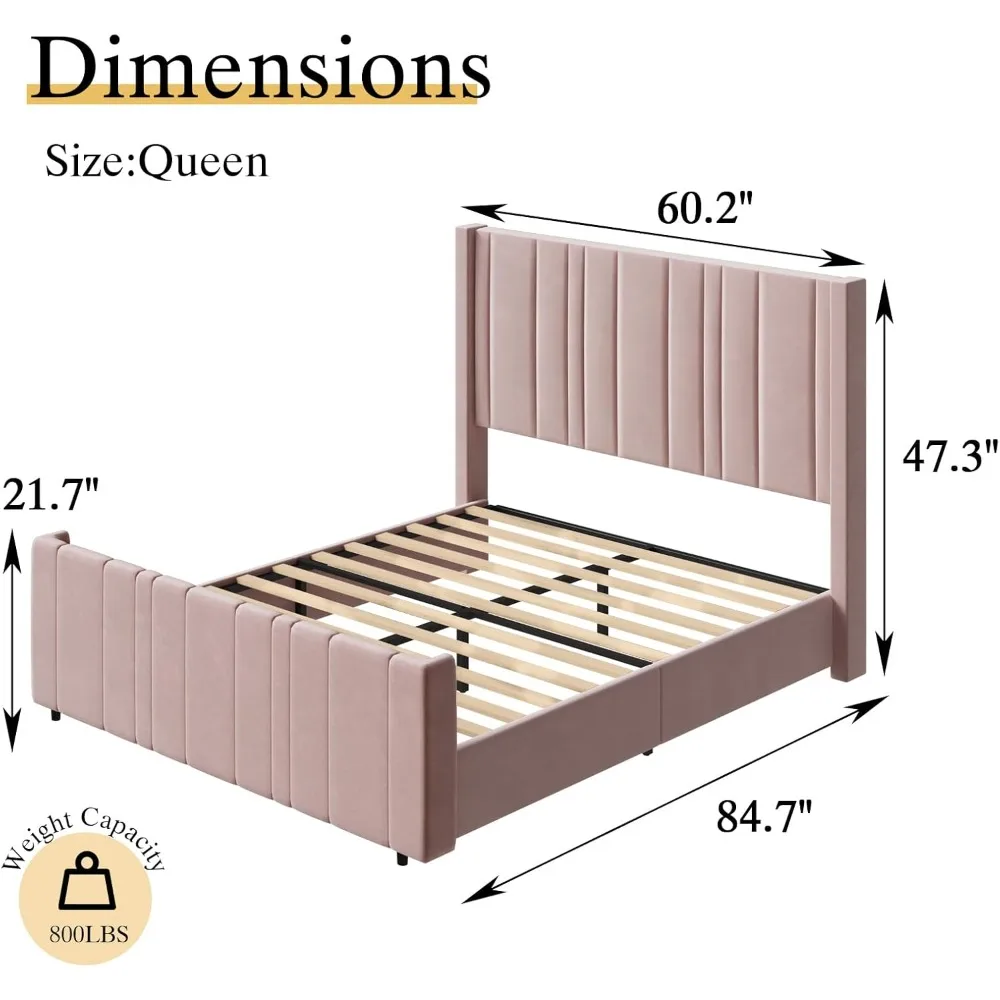 Queen Size Bed Frame, Pink Queen Beds Frames with Vertical Channel Tufted Headboard, Soft Velvet Upholstered Bed Frame 2