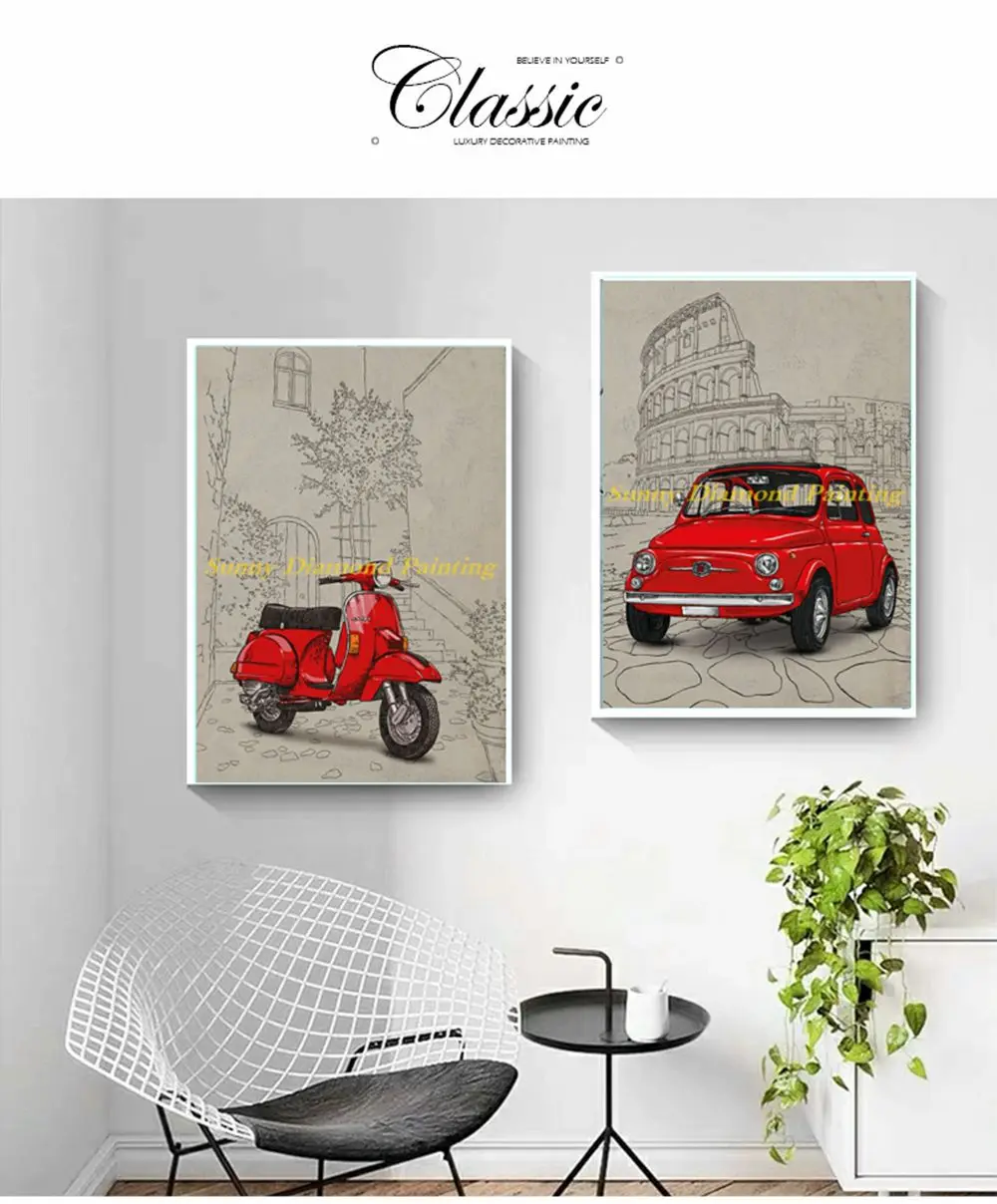 Italian Style Diamond Painting 5D Famous Building Background Fiat 500 Red Yellow Vespa Full Drill Cross Stitch Art Home Decor